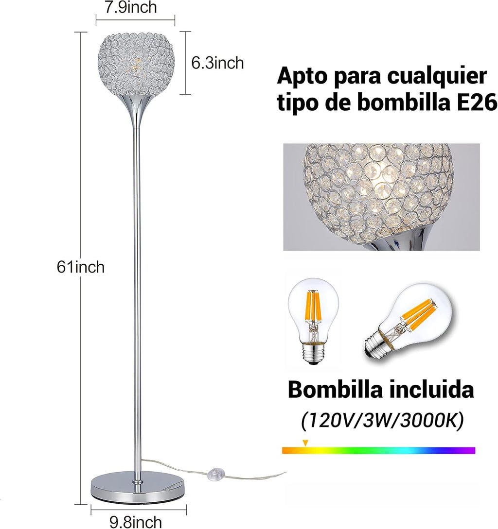 Spherical Crystal Floor Lamp, 1-Light Chrome Finish, E26 Base, LED Bulb Included W485