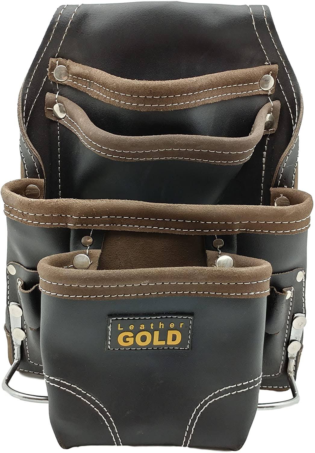 Black Oil-Tanned Heavy Duty Tool Pouch with 10 Pockets and 2 Hammer Holders O62335