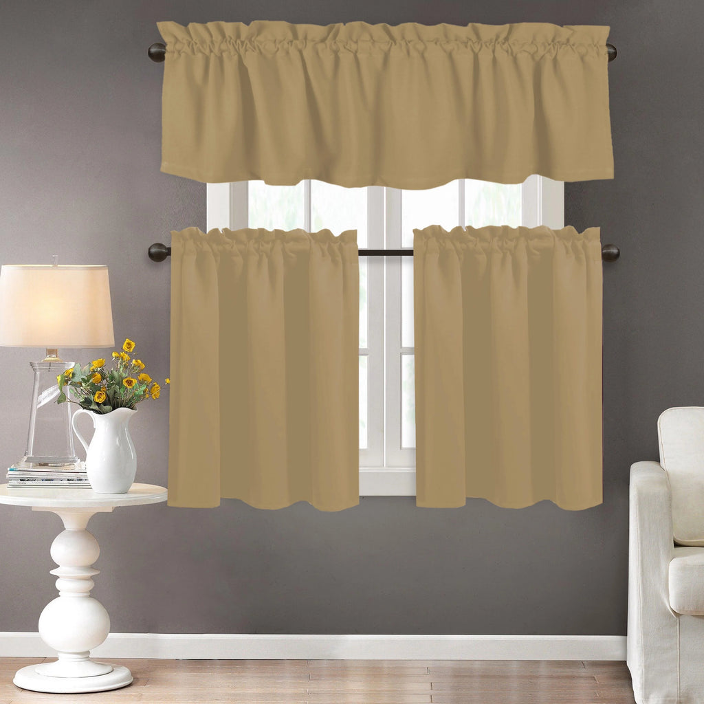 Beige 100% Cotton Kitchen Window Curtain Tiers Valance Set 3 Piece J242249