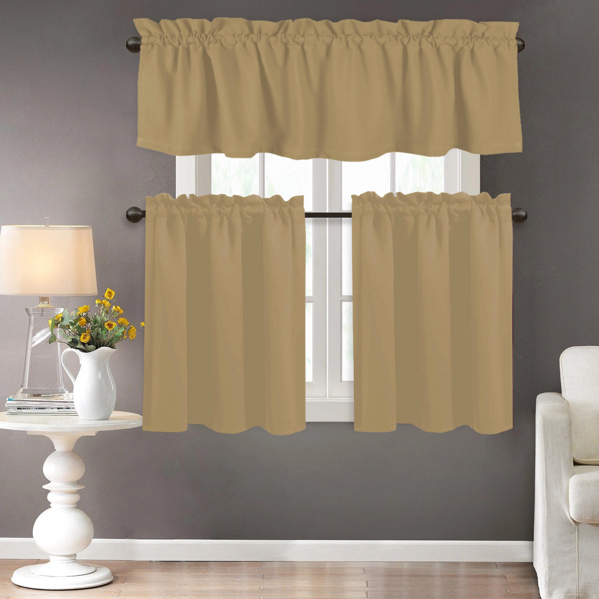 Beige 100% Cotton Kitchen Window Curtain Tiers Valance Set 3 Piece J242249