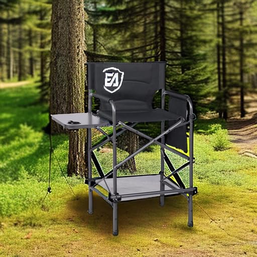 Tall Folding Chair with Side Table Cup Holder Storage Pocket Blue Grey G7408