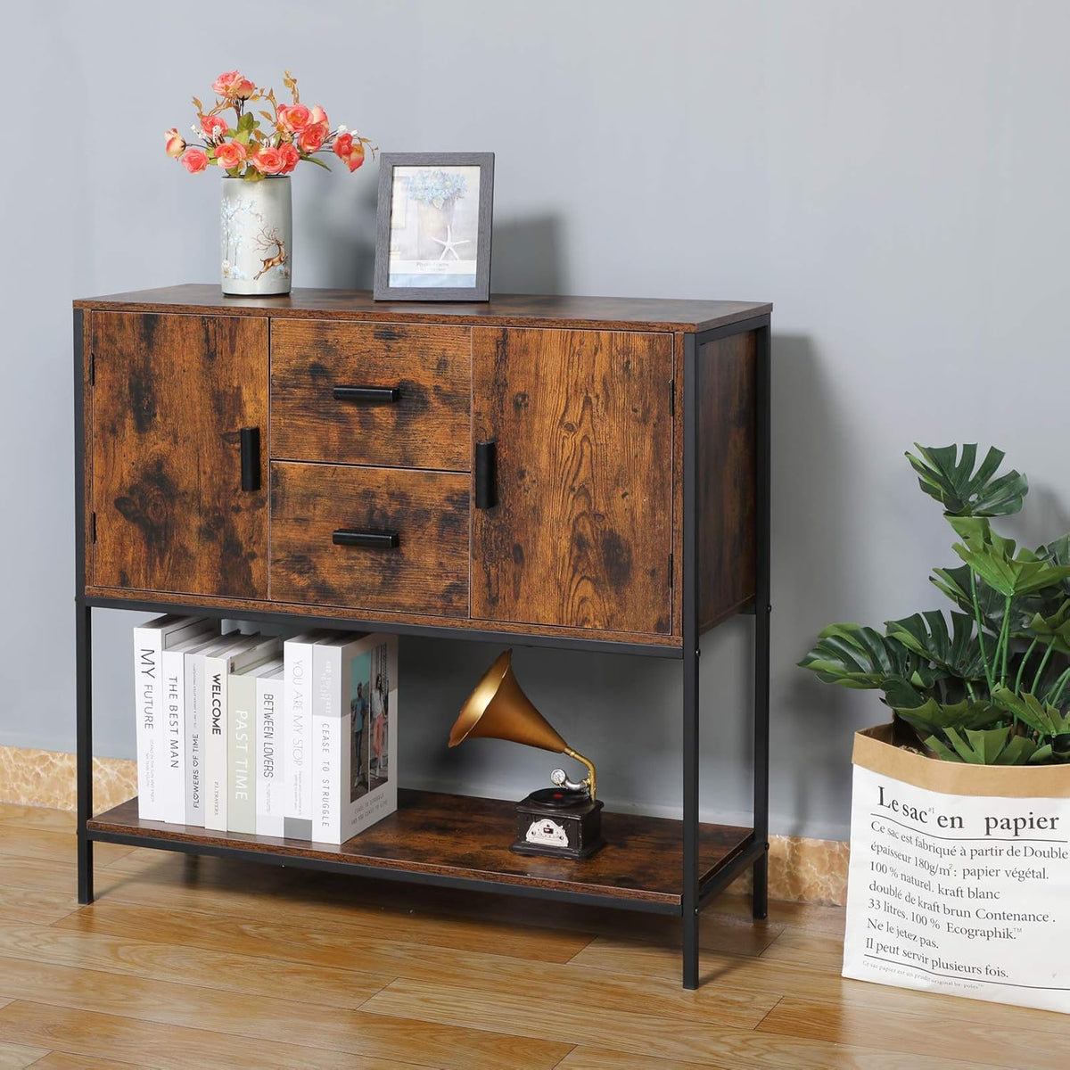 Industrial Buffet Cabinet with 2 Drawers & Doors and 1 Open Shelf B7578