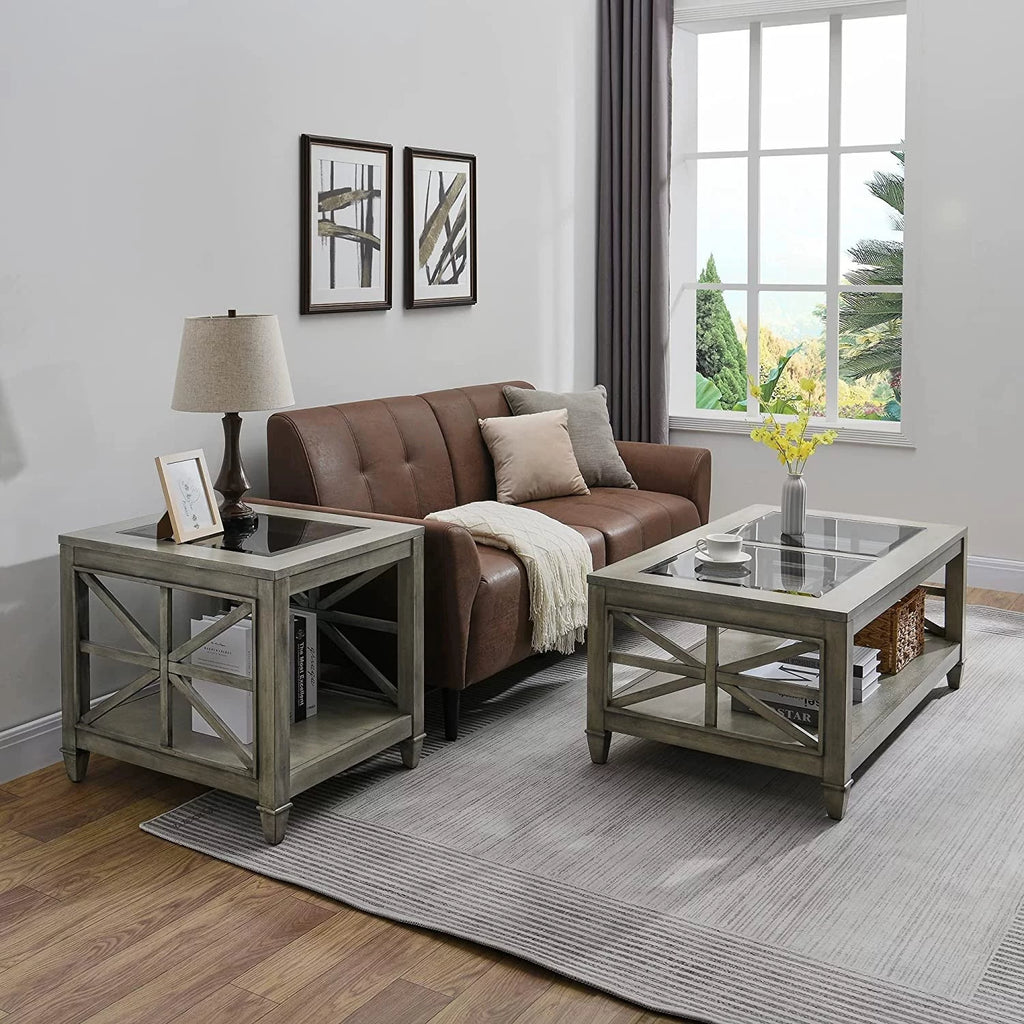 Square Wood End Table with Glass Top Grey D18642