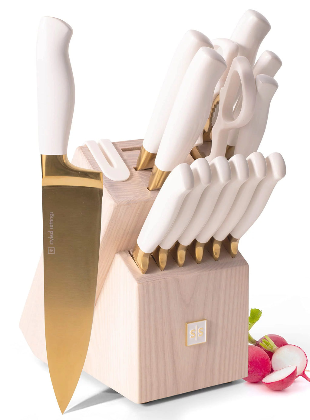 White and Gold 14 Piece Titanium Coated Knife Set with Block G84784