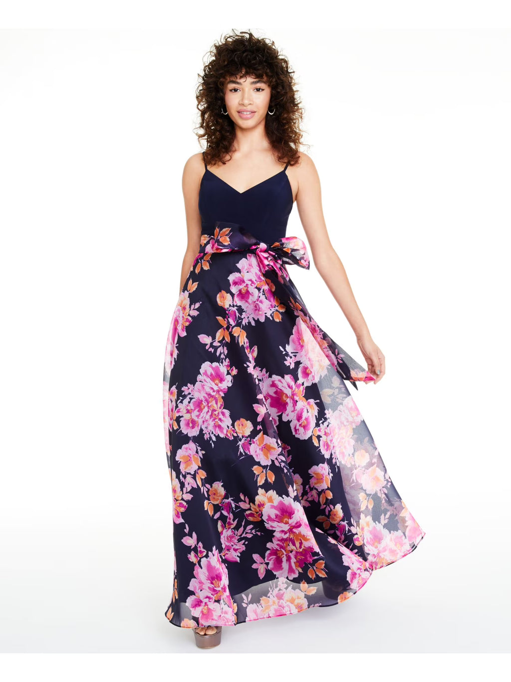 Navy Floral Spaghetti Strap V Neck Full-Length Fit + Flare Dress S1647