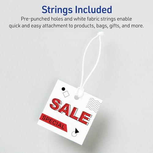 Square Printable Tags, White, Includes String, Laser/Inkjet Printable, 200 Total E9892