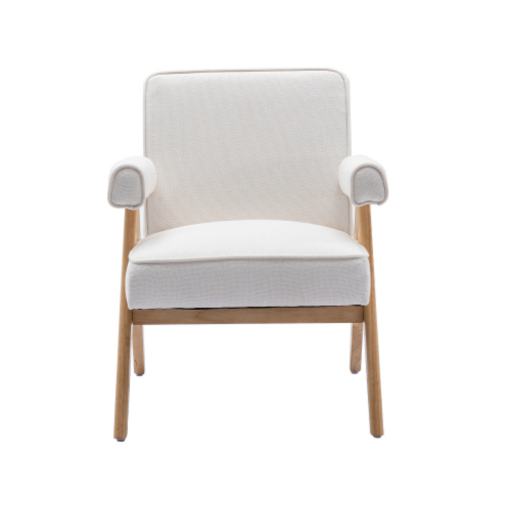 Beige Linen Mid-Century Modern Accent Chair with Solid Wood Armrest and Feet N761201
