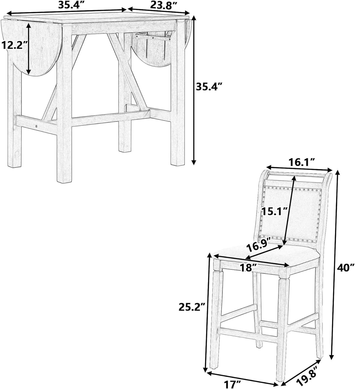 3-Piece Wood Counter Height Dining Table Set with 2 Upholstered Chairs and Drop Leaf A556