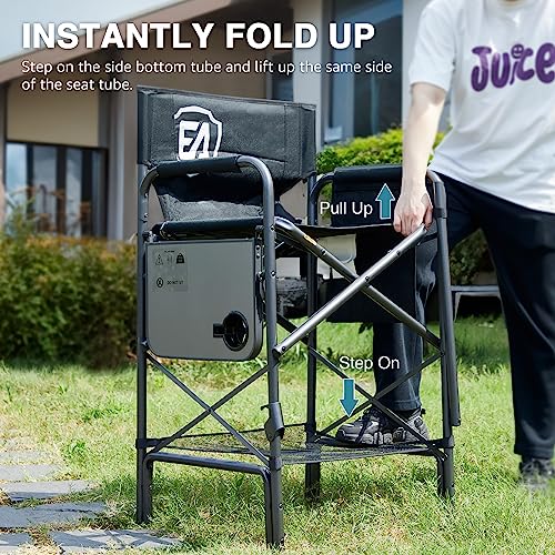 Tall Folding Chair with Side Table Cup Holder Storage Pocket Blue Grey G7408