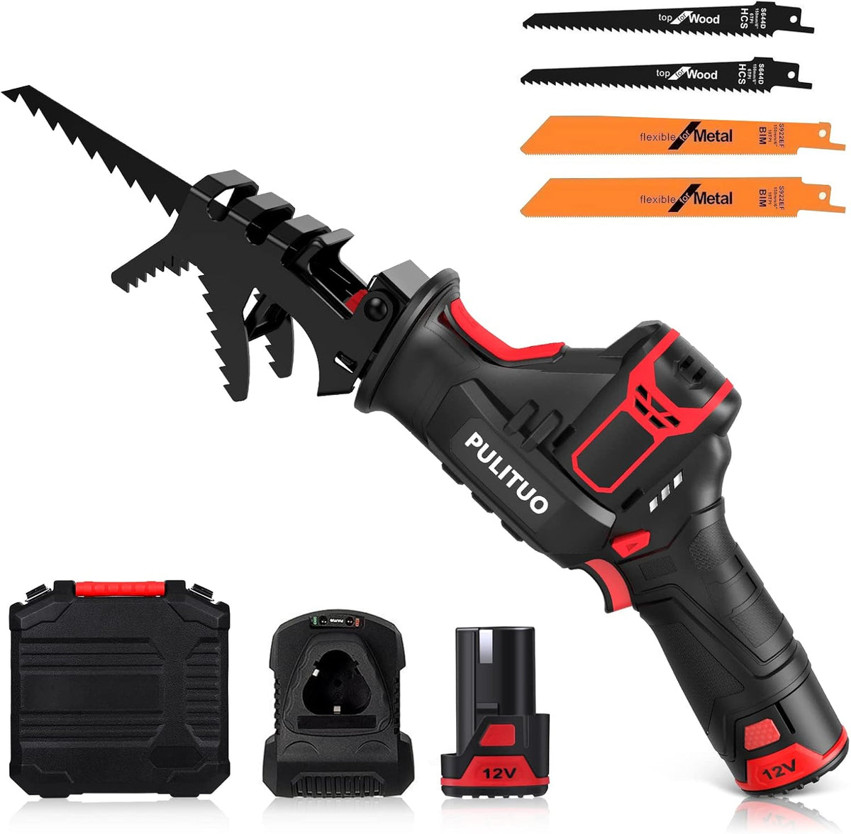 12V Cordless Reciprocating Saw with 2pcs 2.0Ah Li-Ion Battery and 4 Saw Blades A685231