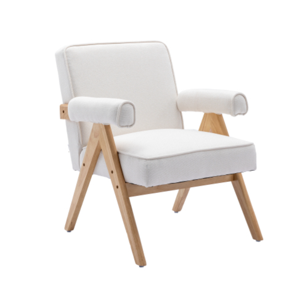 Beige Linen Mid-Century Modern Accent Chair with Solid Wood Armrest and Feet N761201