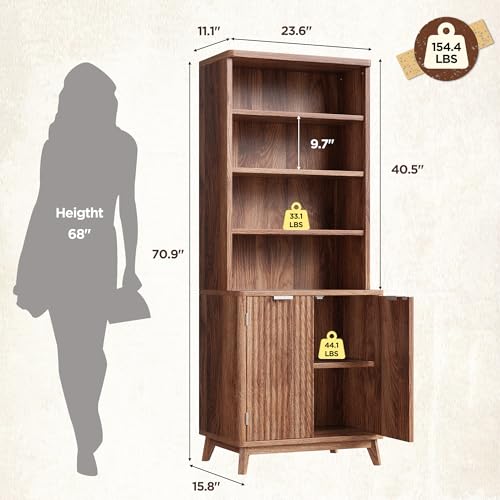 Tall 6-Tier Bookshelf with Doors and Adjustable Shelves B353764