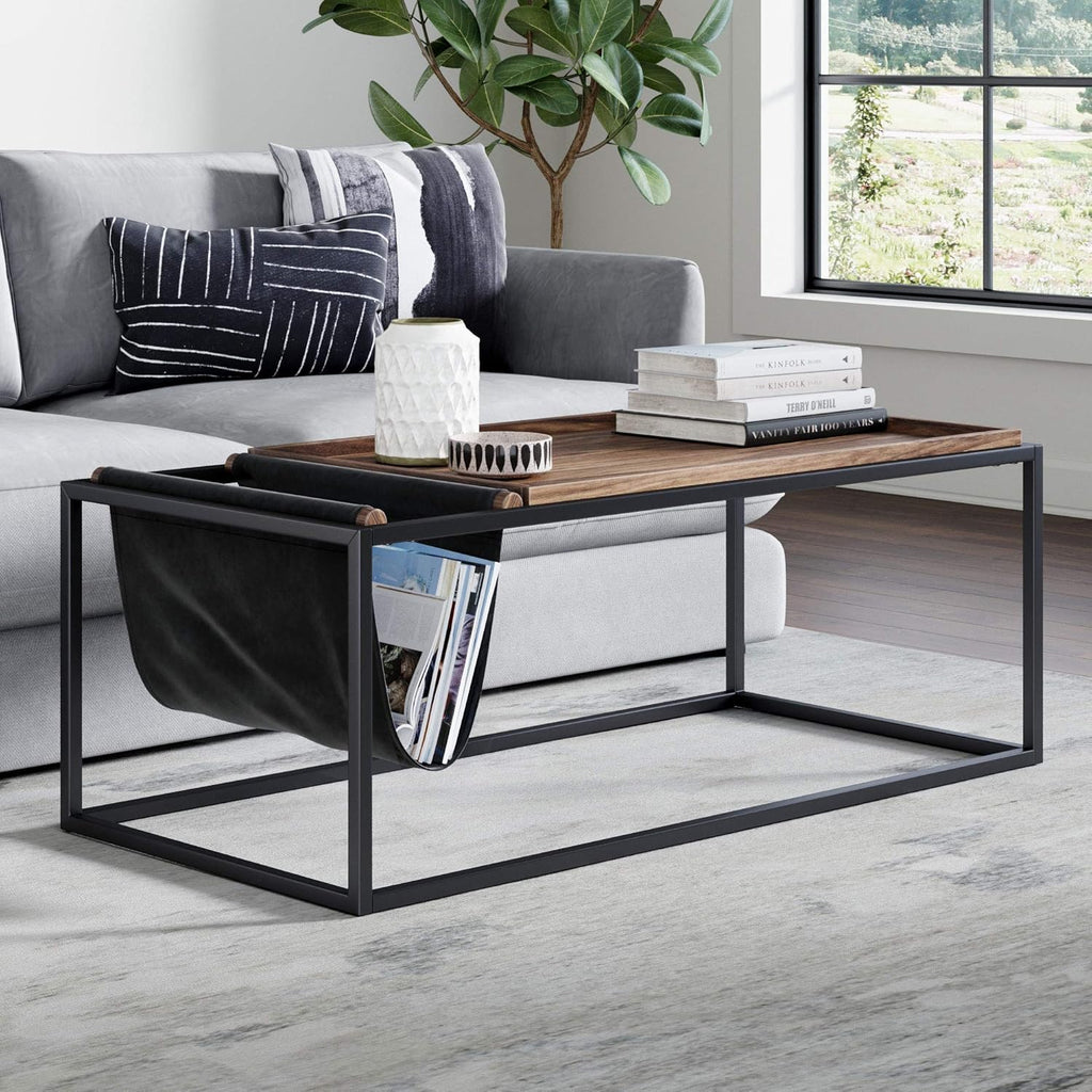 Walnut Acacia Veneer and Metal Rectangle Coffee Table Y4394