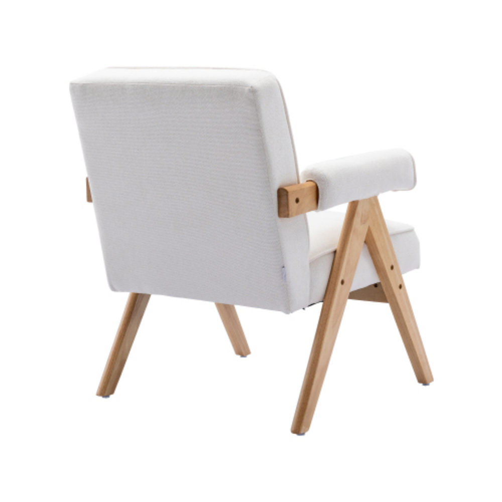Beige Linen Mid-Century Modern Accent Chair with Solid Wood Armrest and Feet N761201