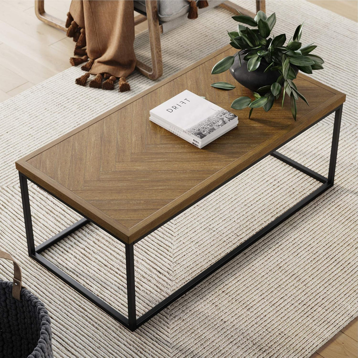 Walnut Acacia Veneer and Metal Rectangle Coffee Table Y4394