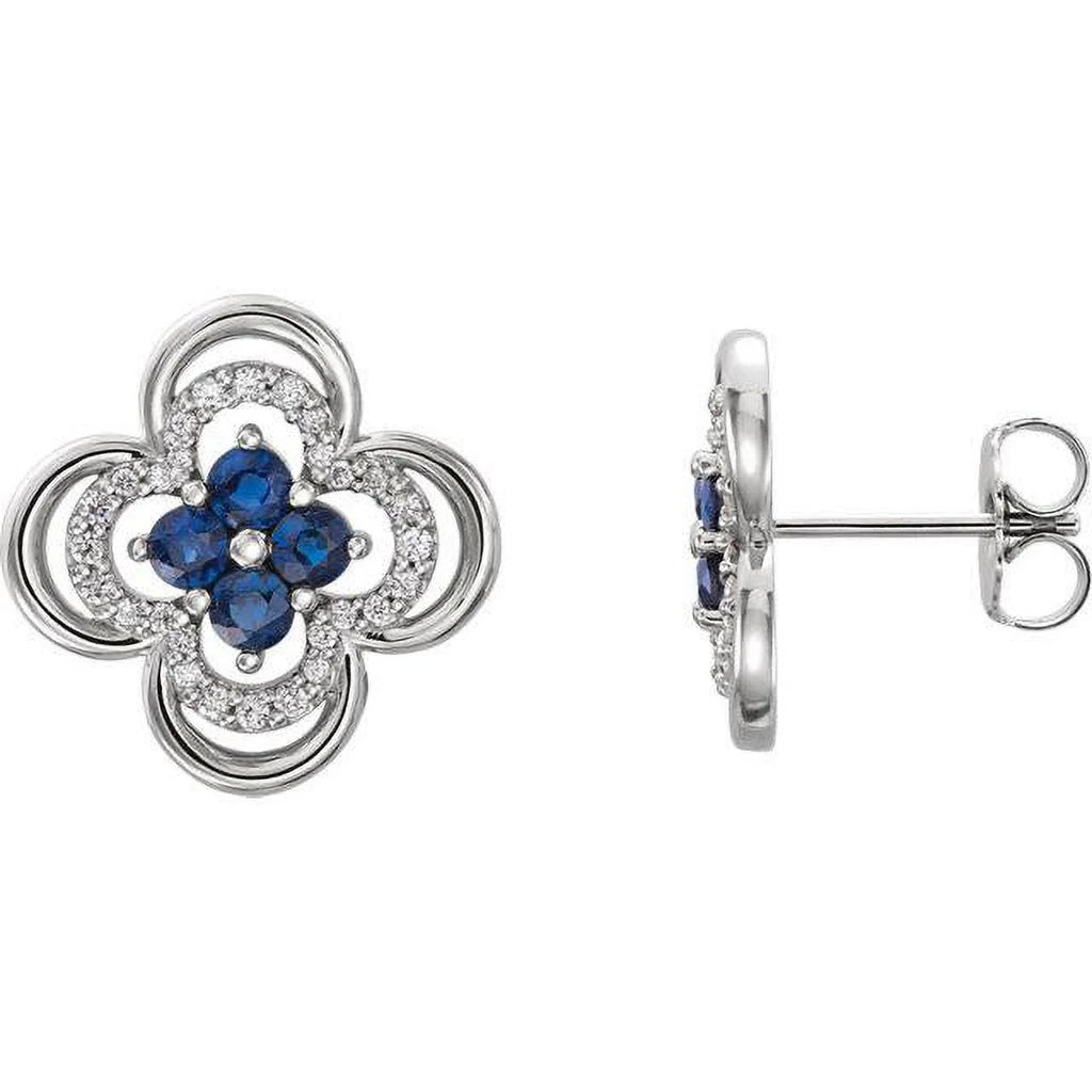 14K White Gold Diamond & Blue Sapphire Clover Studs Earrings W992443