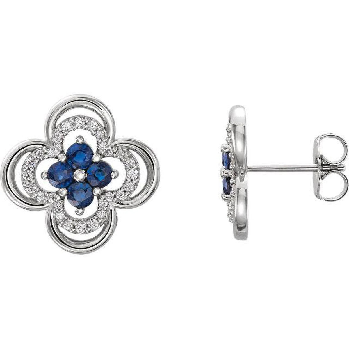 14K White Gold Diamond & Blue Sapphire Clover Studs Earrings W992443