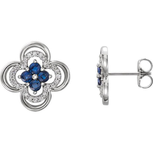 14K White Gold Diamond & Blue Sapphire Clover Studs Earrings W992443