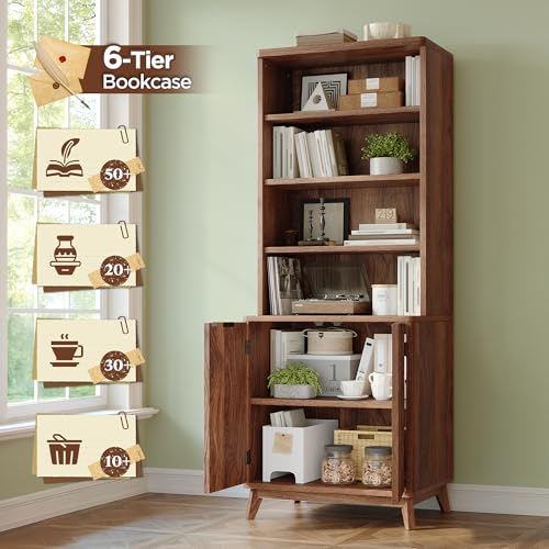 Tall 6-Tier Bookshelf with Doors and Adjustable Shelves B353764