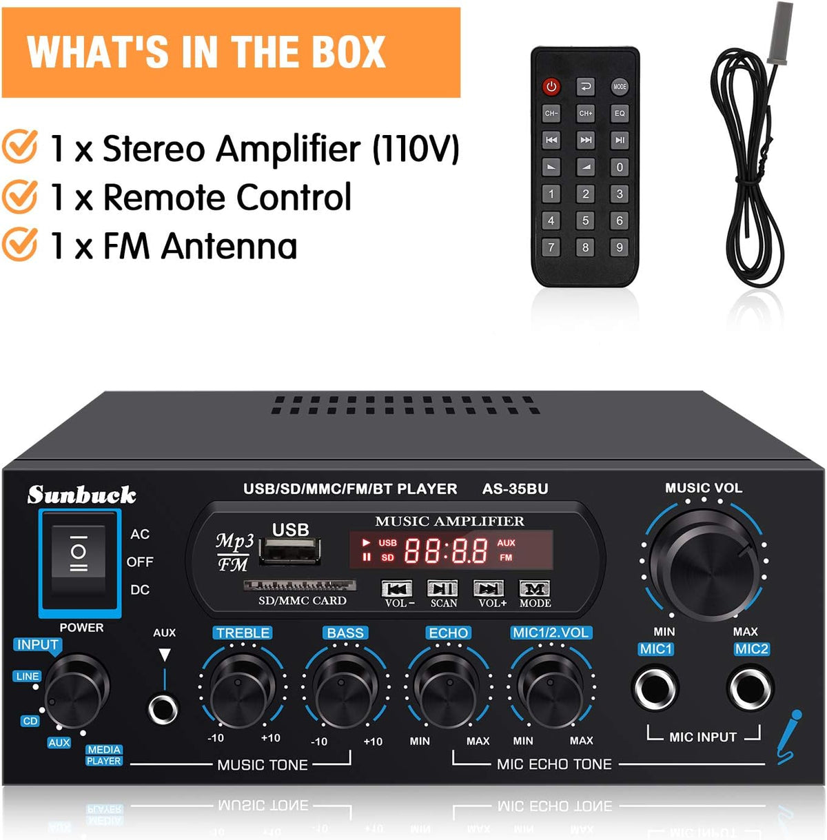 200W Dual Channel Bluetooth Stereo Amplifier Receiver with USB FM Radio Remote Control G644623