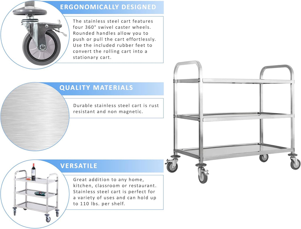 Stainless Steel 3 Tier Rolling Utility Cart with Swivel Locking Wheels D89597