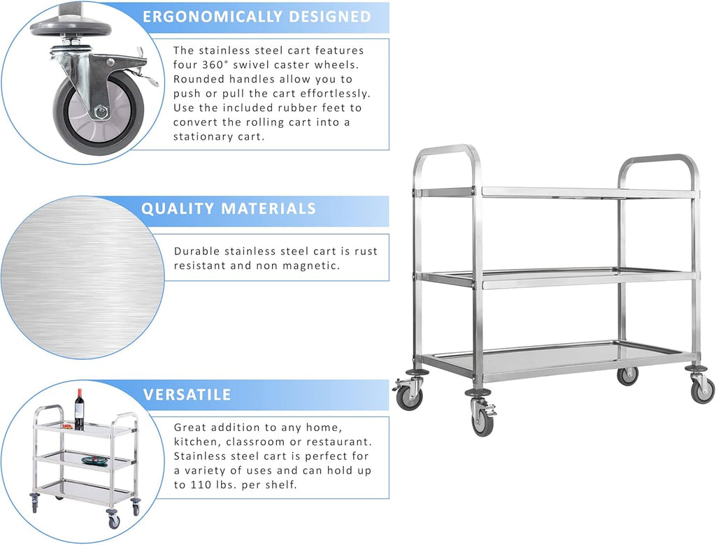 Stainless Steel 3 Tier Rolling Utility Cart with Swivel Locking Wheels D89597
