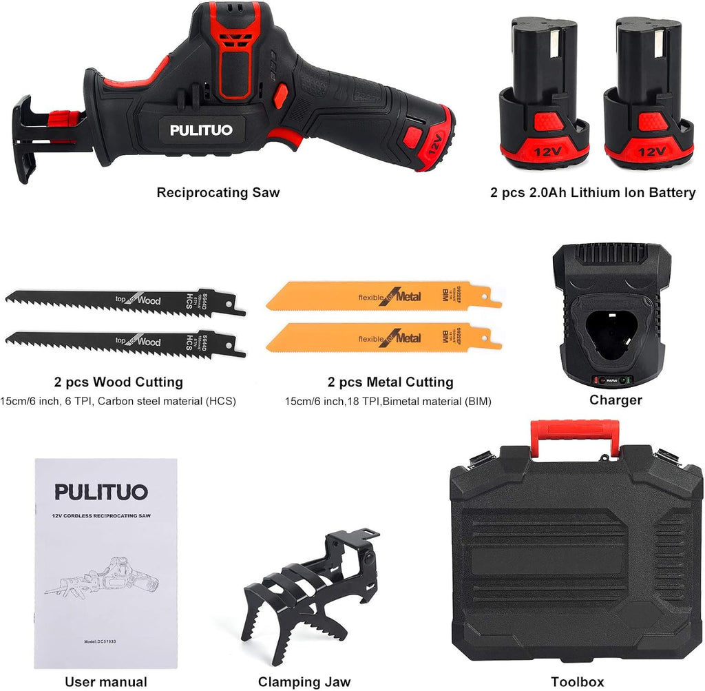 12V Cordless Reciprocating Saw with 2pcs 2.0Ah Li-Ion Battery and 4 Saw Blades A685231