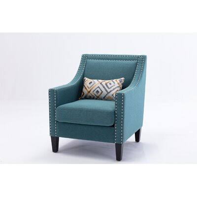 Teal Linen Accent Armchair with Nailheads and Solid Wood Legs H48321