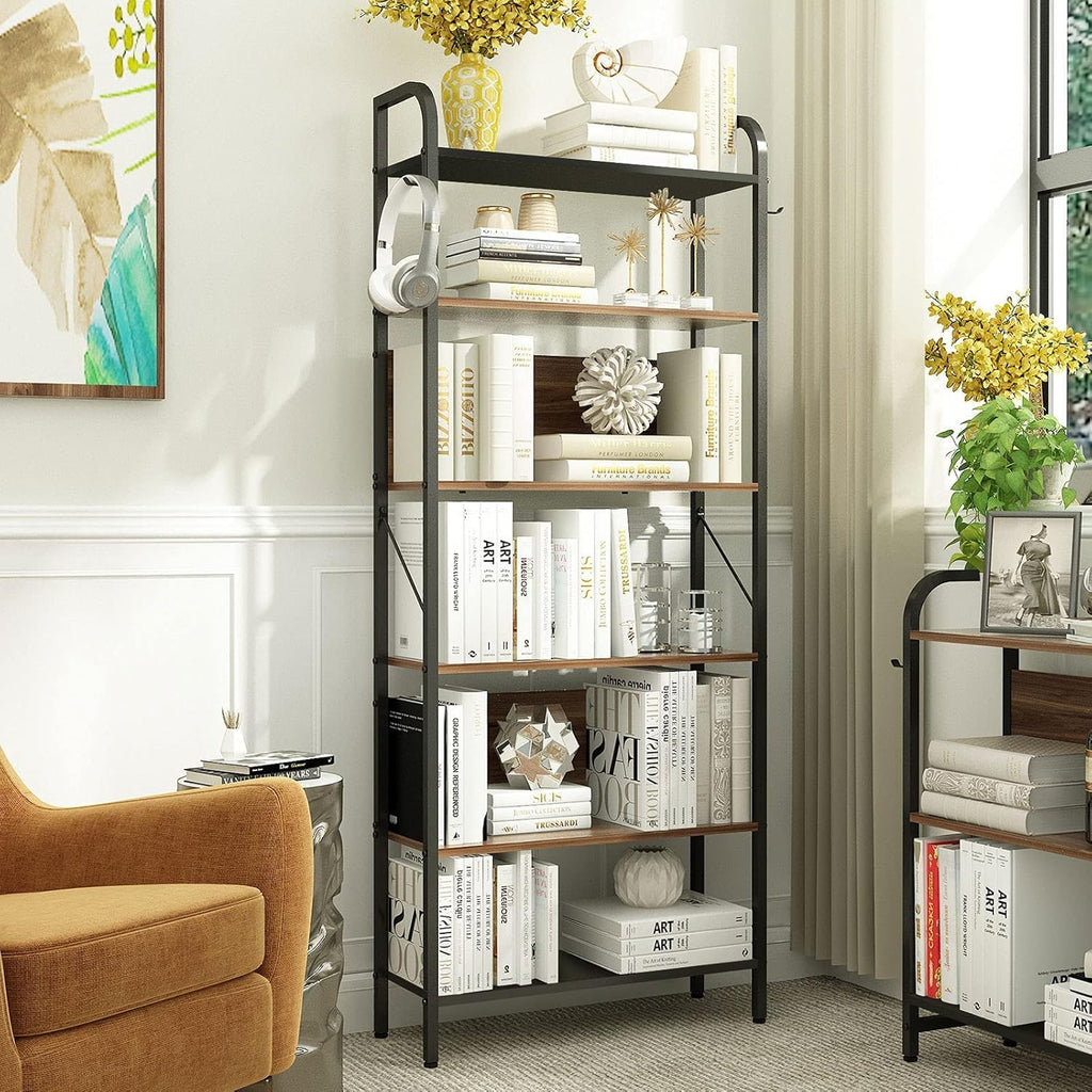 6 Tier Black and Walnut Wood and Metal Bookshelf X1951