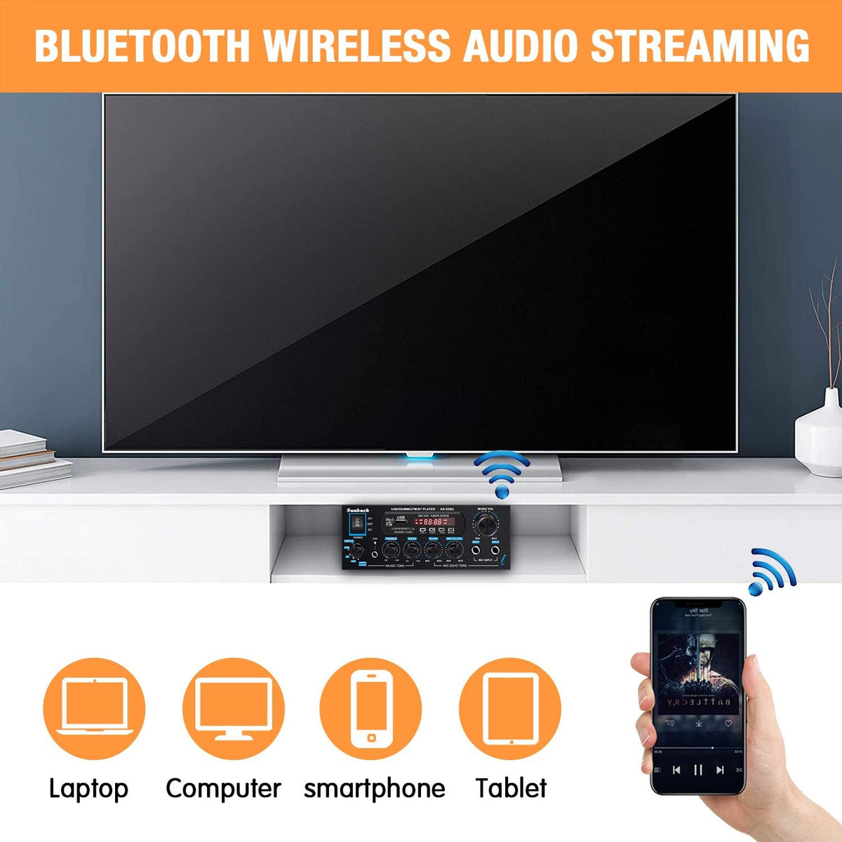200W Dual Channel Bluetooth Stereo Amplifier Receiver with USB FM Radio Remote Control G644623