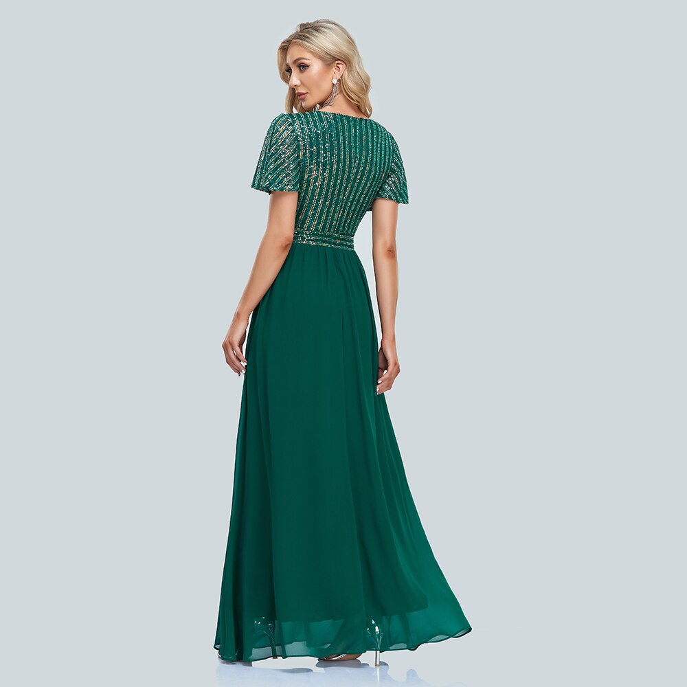 Green V-Neck Sequins Chiffon Formal Gown B296124