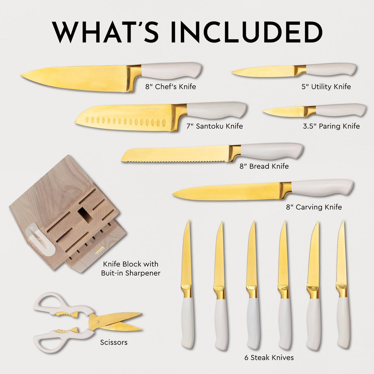 White and Gold 14 Piece Titanium Coated Knife Set with Block G84784