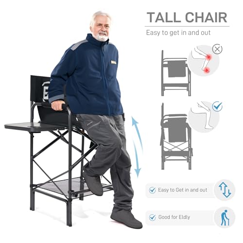 Tall Folding Chair with Side Table Cup Holder Storage Pocket Blue Grey G7408